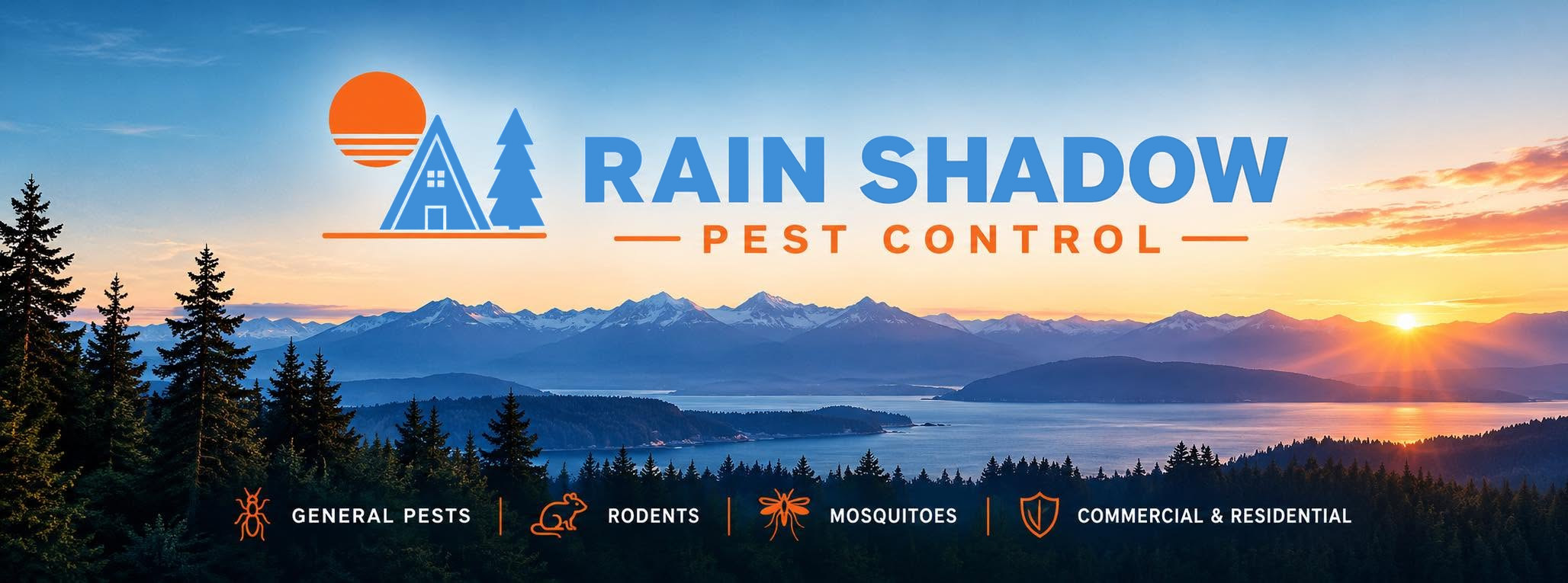 Rain Shadow Pest Control — the Olympic Mountains and the Strait at sunset